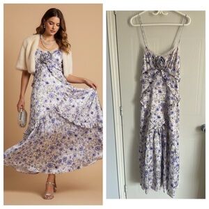 NWT Resort Wear Satin Floral Maxi Dress 3D Rosette Ruffle Coquette Soft Girl